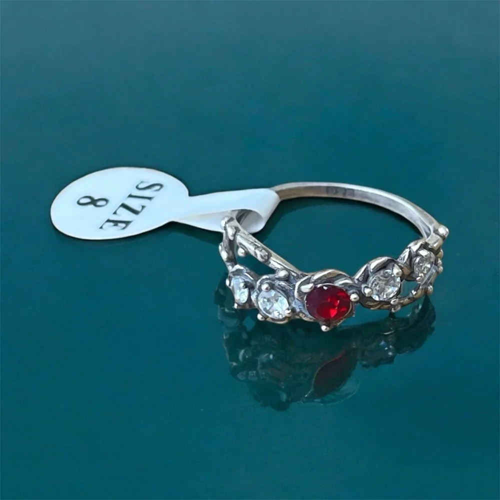 925 Sterling Silver Ring with Red and Clear Zircon Stones Size 8